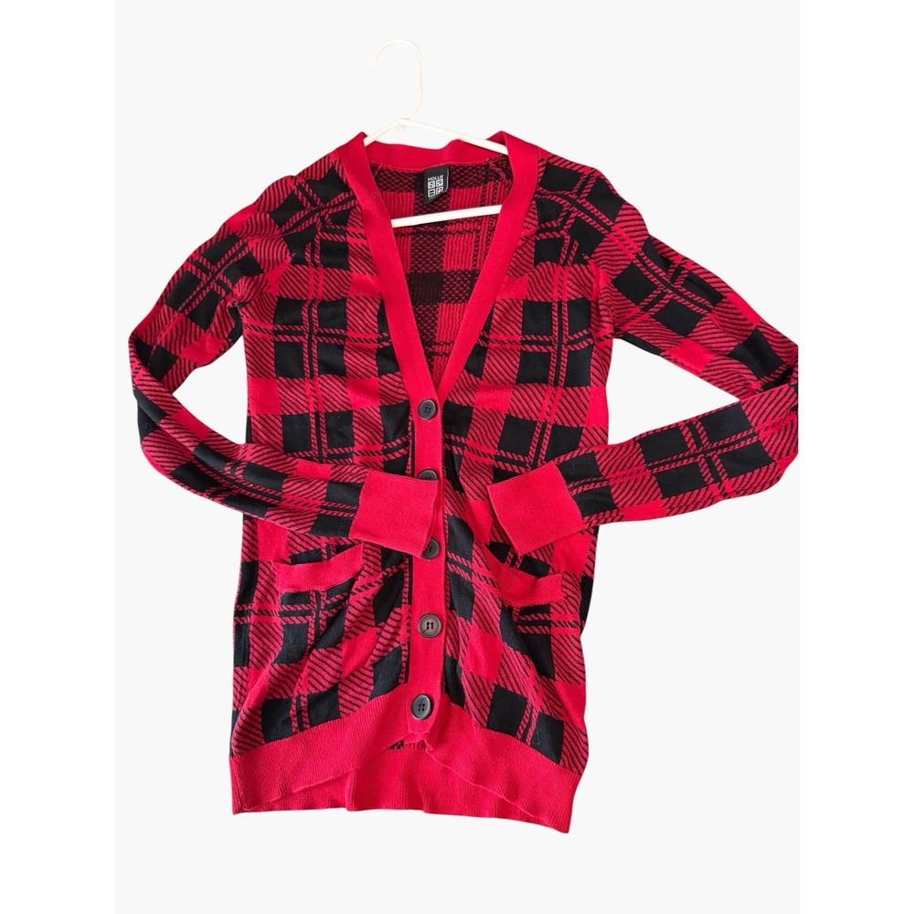 Nollie Womens Red Black Plaid Longline Cardigan Sweater XS V-Neck Button Front